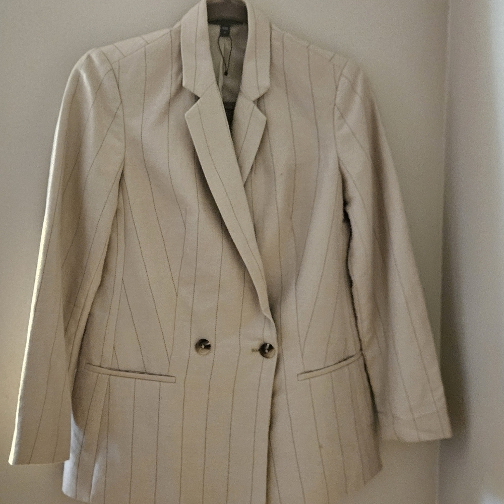 NEW! EXPRESS Tan Linen Blend Pin-Stripe Double Breasted Blazer Small. - Picture 2 of 6